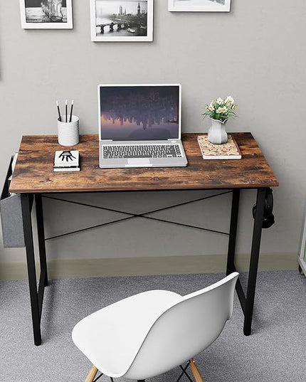 Small Computer Desk, 39 Inch Home Office Desks, Study Workstation PC Laptop Table with Storage Bag, Modern Simple Industrial Style Writing Desks - LeafyLoom