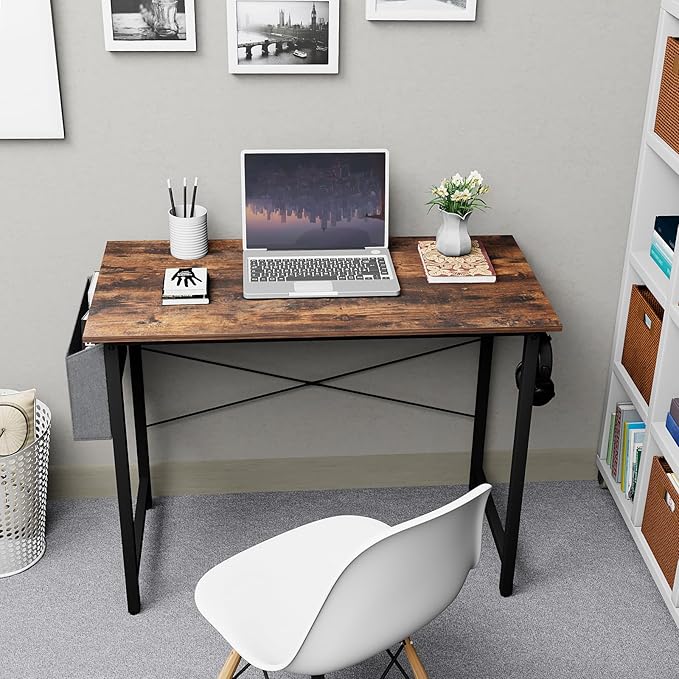 Small Computer Desk, 39 Inch Home Office Desks, Study Workstation PC Laptop Table with Storage Bag, Modern Simple Industrial Style Writing Desks - LeafyLoom