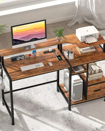 GreenForest 55 inch Computer Desk with Drawers and Outlets, Home Office Desk with Storage and Printer Shelf, Work Desk with Fabric File Drawer, Study Desk with Monitor Stand, Computer Table, Walnut - LeafyLoom