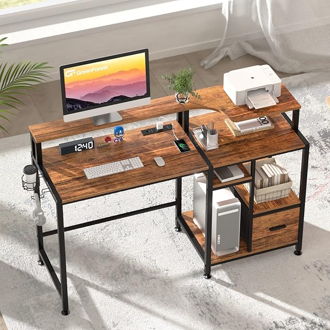 GreenForest 55 inch Computer Desk with Drawers and Outlets, Home Office Desk with Storage and Printer Shelf, Work Desk with Fabric File Drawer, Study Desk with Monitor Stand, Computer Table, Walnut - LeafyLoom