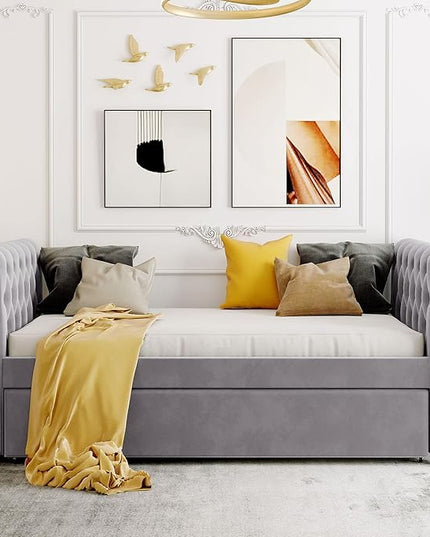 Twin Size Daybed with Trundle,Upholstered Sofa Bed W/Button & Nailhead Tufted Design Curved Armrests,Wood Slats Support,Bedframe for Bedroom Livingroom Small Space,No Box Spring Needed,Gray - LeafyLoom