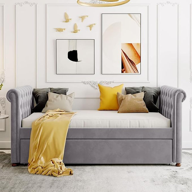 Twin Size Daybed with Trundle,Upholstered Sofa Bed W/Button & Nailhead Tufted Design Curved Armrests,Wood Slats Support,Bedframe for Bedroom Livingroom Small Space,No Box Spring Needed,Gray - LeafyLoom