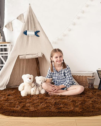Noahas Ultra Soft Fluffy Bedroom Rugs,2.6' X 5.3' Oval Coffee Fluffy Rugs for Bedroom,Small Throw Rugs, Kids Room Carpet Modern Shaggy Area Rugs Home Decor - LeafyLoom