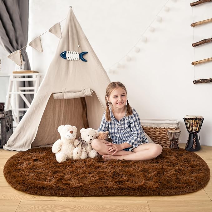Noahas Ultra Soft Fluffy Bedroom Rugs,2.6' X 5.3' Oval Coffee Fluffy Rugs for Bedroom,Small Throw Rugs, Kids Room Carpet Modern Shaggy Area Rugs Home Decor - LeafyLoom