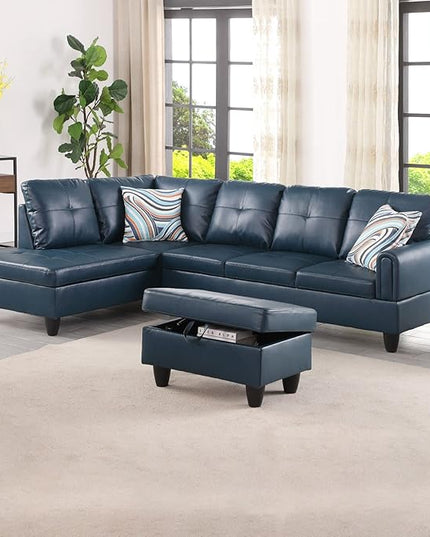 ROOMTEC Button 3 Piece L Shape Sectional Sofa Set, Upholstered Corner Couch with Storage Ottoman, Faux Leather Tufted Cushions, for Living Room, Apartment, 97inch, Denim w/Left Chaise Lounge - LeafyLoom