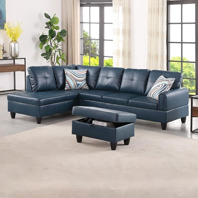 ROOMTEC Button 3 Piece L Shape Sectional Sofa Set, Upholstered Corner Couch with Storage Ottoman, Faux Leather Tufted Cushions, for Living Room, Apartment, 97inch, Denim w/Left Chaise Lounge - LeafyLoom