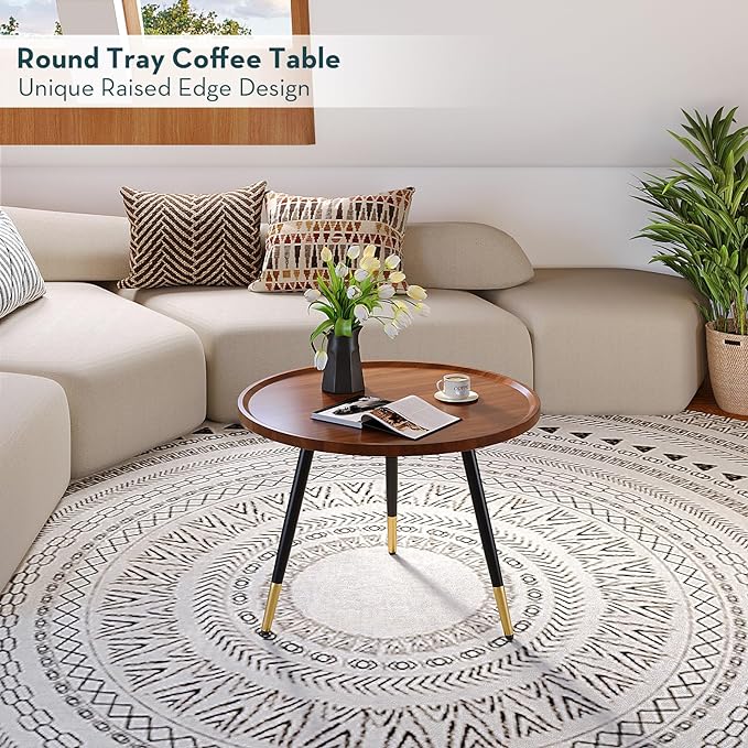 SAYGOER Round Coffee Table Small Modern Coffee Tables Rustic Farmhouse Center Table for Living Room Home Office Mid Century Accent Sofa Table Easy Assembly, Dark Brown - LeafyLoom