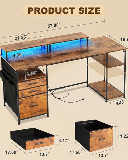 Computer Desk with 3 File Cabinet Drawers, 57.8'' Reversible Gaming Desk with LED Lights and Power Outlets, Office Desk with Storage Shelves for Home & Office (Rustic Brown) - LeafyLoom