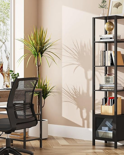 TUTOTAK 6 Tier Bookcase and Bookshelf, Narrow Book shelf with Door for Small Space, for Living Room, Office, Study, Entryway, Black BS03BK006 - LeafyLoom