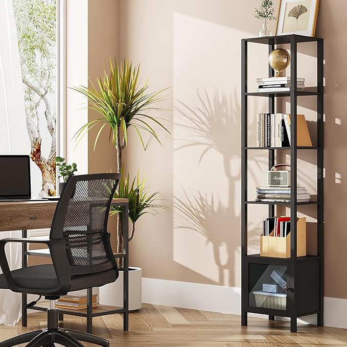 TUTOTAK 6 Tier Bookcase and Bookshelf, Narrow Book shelf with Door for Small Space, for Living Room, Office, Study, Entryway, Black BS03BK006 - LeafyLoom