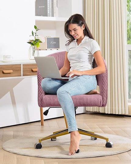Rose Pink Office Chair, Corduroy Home Office Desk Chairs with Wheels and Gold Base, Mid Century Swivel Vanity Chair, Comfy Rolling Chair for Bedroom, Living Room, Study - LeafyLoom