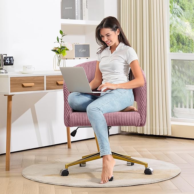 Rose Pink Office Chair, Corduroy Home Office Desk Chairs with Wheels and Gold Base, Mid Century Swivel Vanity Chair, Comfy Rolling Chair for Bedroom, Living Room, Study - LeafyLoom