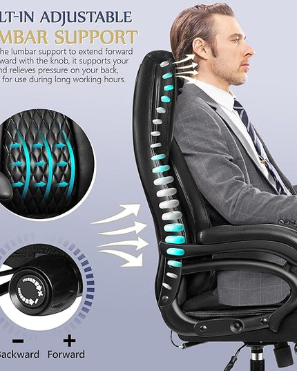 Big and Tall Office Chair 500lbs, Heavy Duty Executive Desk Chair with Adjustable Lumbar Support, Comfy Padded Cushion, Ergonomic PU Leather Home Computer Chair with Extra Wide Seat, Black - LeafyLoom