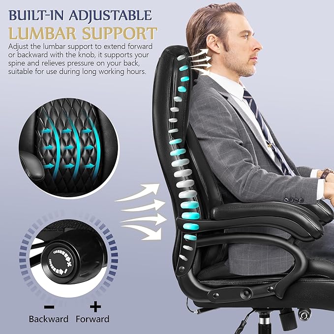 Big and Tall Office Chair 500lbs, Heavy Duty Executive Desk Chair with Adjustable Lumbar Support, Comfy Padded Cushion, Ergonomic PU Leather Home Computer Chair with Extra Wide Seat, Black - LeafyLoom