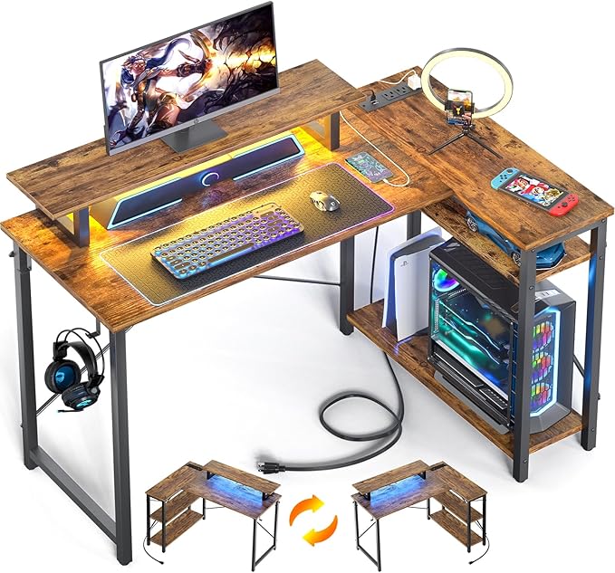 Homieasy Small Gaming Desk with Power Outlet & LED Light, 39 Inch L Shaped Computer Desk with Storage Shelves, Reversible Corner Desk with Monitor Stand Headset Hooks for Home Office, Rustic Brown - LeafyLoom