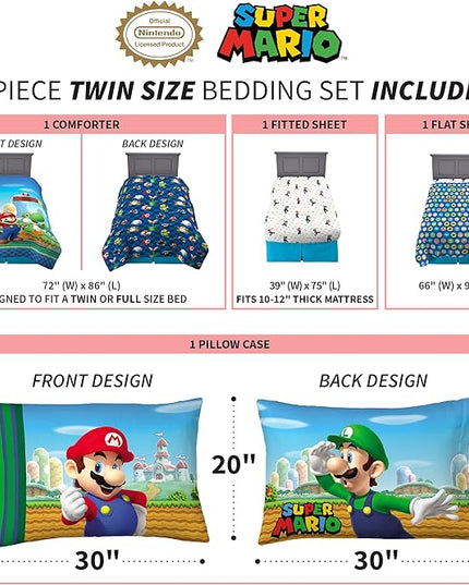 Franco Kids Bedding Super Soft Comforter and Sheet Set, 4 Piece Twin Size, Mario - LeafyLoom