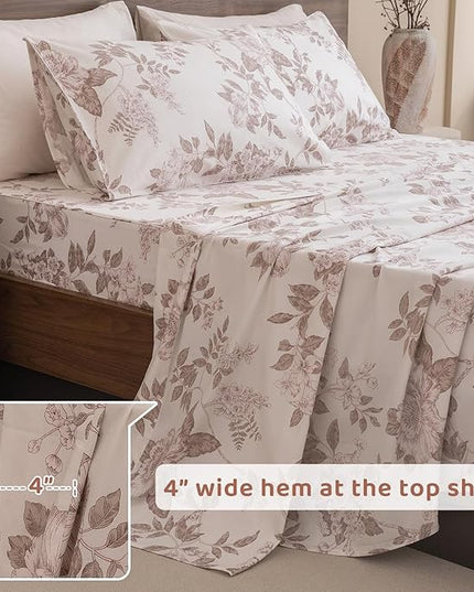 QSH Floral Egyptian Cotton Sheets King Size - Flower Bedding Sheets Botanical Pattern Printed Bedding King Size Bed Sheets 17.5" Extra Deep Pocket 4pcs - LeafyLoom
