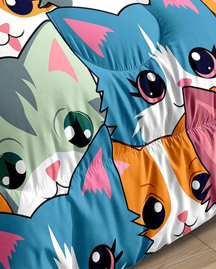 Cat Twin Comforter Set for Girls - Neon Cat Bedding Set for Girls Bedroom Cartoon Cats Twin Bedding Set for Room Ultra Soft Black Neon Cat Quilt and 1 Pillowcase Kids Girls Room Decor, Twin Size - LeafyLoom