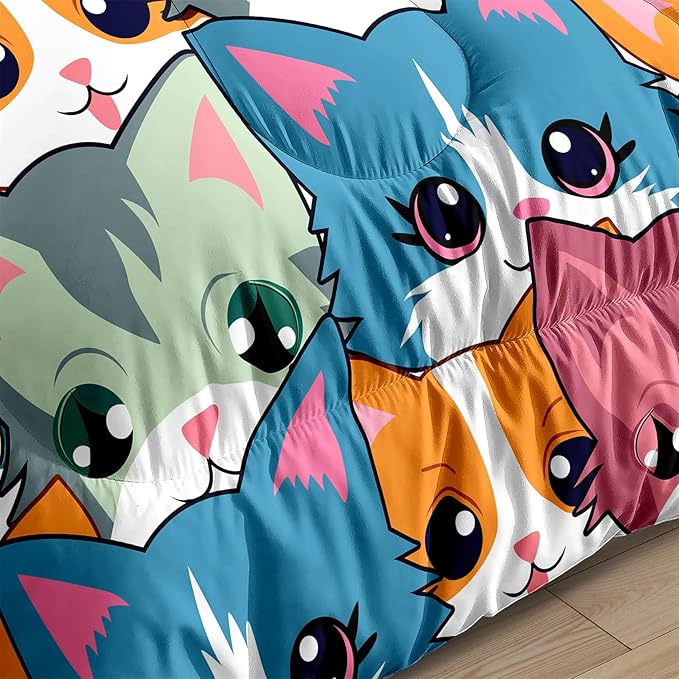 Cat Comforter Set for Girls - Balck Neon Cartoon Cats Bedding Set for Girls Bedroom Ultra Soft Cats Queen Size Comforter Set for All-Season with 1 Comforter and 2 Pillowcases Girls Room Decor - LeafyLoom