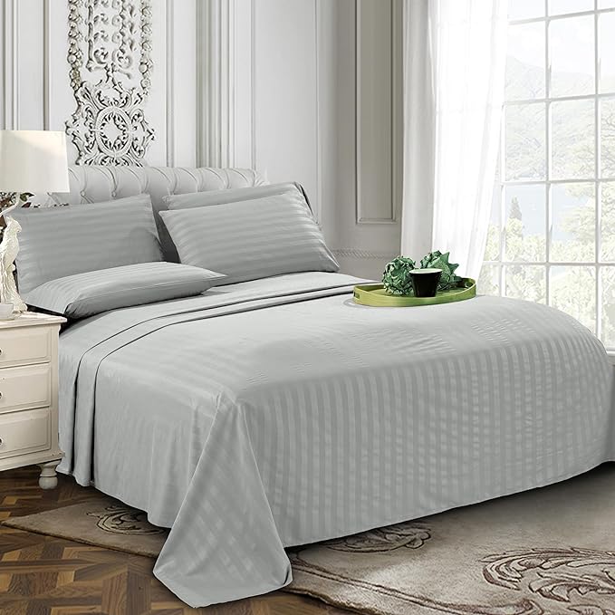 Elegant Comfort Softest and Coziest 4-Piece Sheet Set - 1500 Premium Hotel Quality Microfiber - Deep Pocket, Wrinkle Resistant 4-Piece Damask Stripe Bed Sheet Set, Twin XL, Silver - LeafyLoom
