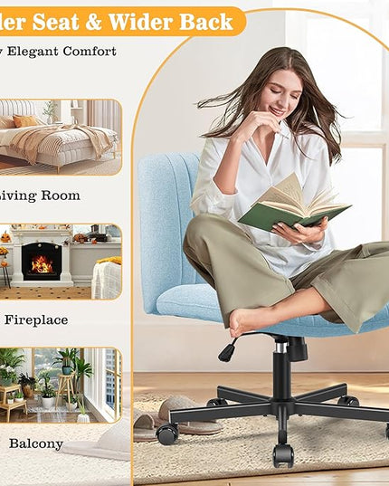 Armless Office Chair with Wheels, Wide Seat Fabric Desk Chair, Height Adjustable Cross Legged Computer Chair for Home Office, Swivel Modern Accent Chair Light Blue - LeafyLoom