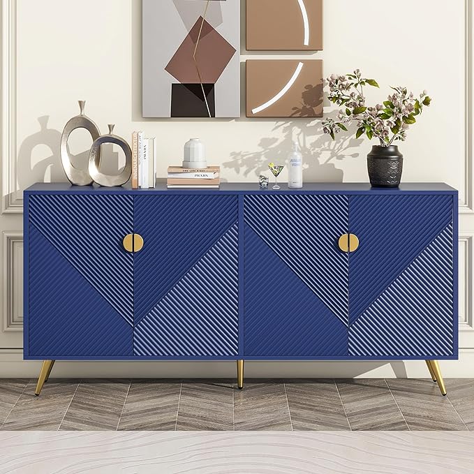 Merax Modern TV Stand with Storage Cabinets for Televisions up to 60+ Inch, Entertainment Center Console Table Media Furniture for Living Room, Bedroom, Solid Metal Feet, 63" Long, Navy Blue - LeafyLoom