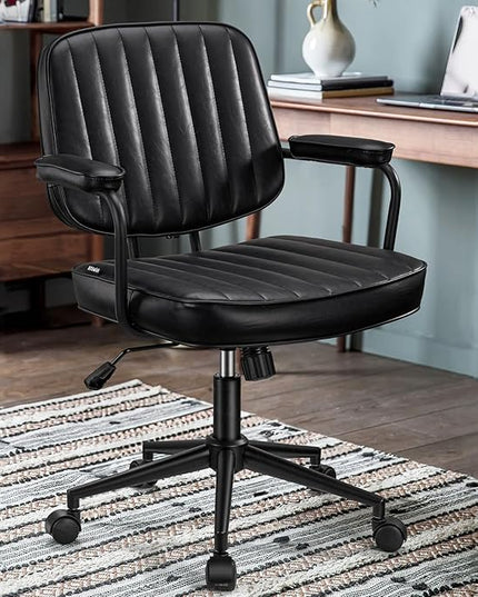Artswish Mid Century Office Chair, Black Leather Desk Chair with Wheels and Arms, Adjustable Seat Height and Backrest, Suitable for Home or Office Use - LeafyLoom