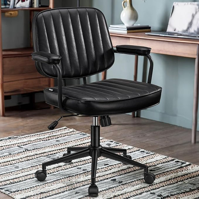 Artswish Mid Century Office Chair, Black Leather Desk Chair with Wheels and Arms, Adjustable Seat Height and Backrest, Suitable for Home or Office Use - LeafyLoom