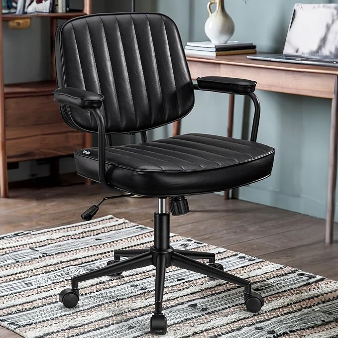 Artswish Mid Century Office Chair, Black Leather Desk Chair with Wheels and Arms, Adjustable Seat Height and Backrest, Suitable for Home or Office Use - LeafyLoom