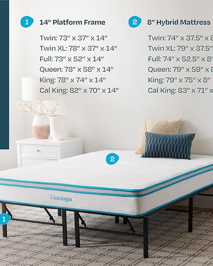 Linenspa 8” Memory Foam and Innerspring Hybrid Mattress + 14” Black Metal Platform Bedframe – Queen Mattress + Metal Folding Queen Bedframe - LeafyLoom