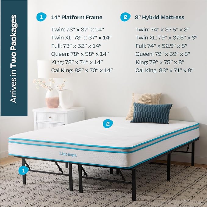 Linenspa 8” Memory Foam and Innerspring Hybrid Mattress + 14” Black Metal Platform Bedframe – Queen Mattress + Metal Folding Queen Bedframe - LeafyLoom