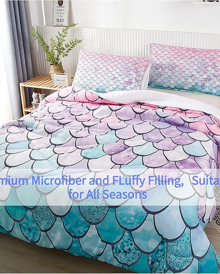 RYNGHIPY 2Pcs Colorful Mermaid Scale Print Comforter Bedding Set Twin Size, Soft Microfiber Coverlet Set/Bedspread/Quilt Set with Colorful Scale Design (Mermaid,Twin) - LeafyLoom