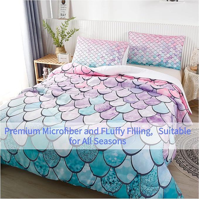 RYNGHIPY 3Pcs Colorful Mermaid Scale Print Comforter Bedding Set Full Size, Soft Microfiber Coverlet Set/Bedspread/Quilt Set with Colorful Scale Design (Mermaid,Full) - LeafyLoom