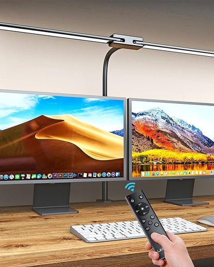 LASTAR LED Desk Lamp with Remote Control ＆ 32.5" Wide Double Head, Architect Desk Lamp for Home Office with Clamp, Timer, 24W Ultra Bright Gooseneck Desk lamp for Computer Reading, Black - LeafyLoom