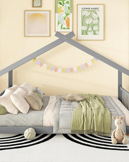 Montessori Floor Bed Frame Full Size, Full Floor Bed Frame with Headboard, Footboard and Slats, Wood Montessori Bed Frame/Montessori House Bed for Kids, Girls, Boys(Gray) - LeafyLoom