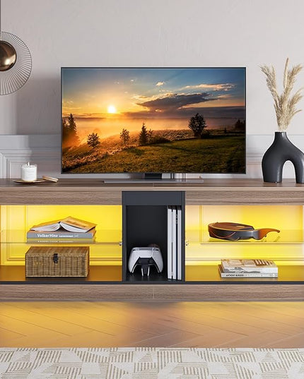 Bestier 55 Inch TV Stand with LED light, Adjustable Glass Shelves, 22 Dynamic RGB Colors, P2 Particle Board, for Entertainment Center, Living Room, Gaming Room, and Bedroom, Pinewood - LeafyLoom
