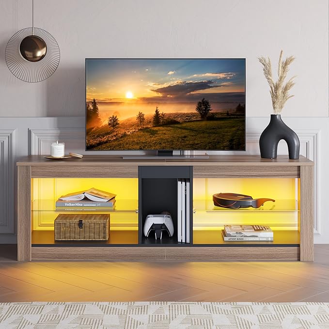 Bestier 55 Inch TV Stand with LED light, Adjustable Glass Shelves, 22 Dynamic RGB Colors, P2 Particle Board, for Entertainment Center, Living Room, Gaming Room, and Bedroom, Pinewood - LeafyLoom