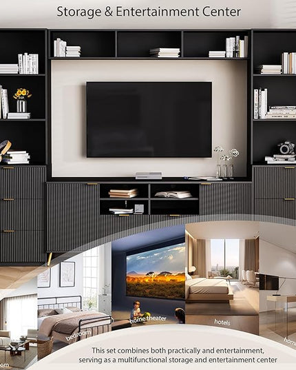 Entertainment Wall Unit with Bridge, Stand Media Console Table for TVs Up to 70" with 13 Shelves,8 Drawers and 2 Cabinets for Living Room, 112.5 Inch, Black - LeafyLoom