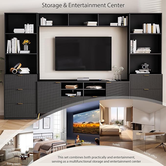Entertainment Wall Unit with Bridge, Stand Media Console Table for TVs Up to 70" with 13 Shelves,8 Drawers and 2 Cabinets for Living Room, 112.5 Inch, Black - LeafyLoom