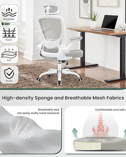 KERDOM Ergonomic Office Chair, Breathable Mesh Desk Chair, Lumbar Support Computer Chair with Headrest and Flip-up Arms, Swivel Task Chair, Adjustable Height Gaming Chair, LightGray - LeafyLoom