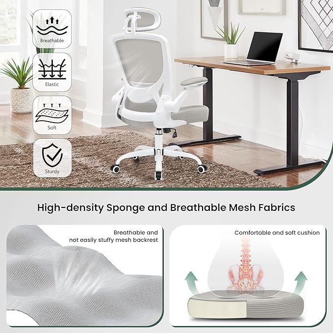 KERDOM Ergonomic Office Chair, Breathable Mesh Desk Chair, Lumbar Support Computer Chair with Headrest and Flip-up Arms, Swivel Task Chair, Adjustable Height Gaming Chair, LightGray - LeafyLoom