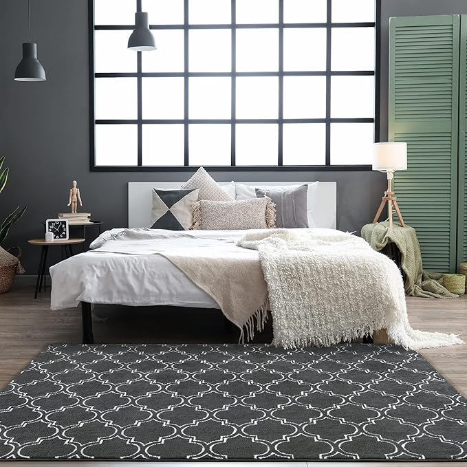Chicrug Shag Geometric Modern Area Rug for Bedroom, 4x6 Feet Memory Foam Indoor Carpet, Fluffy Rug for Living room Bedside Room Decor for Family Girls Kids Nursery Play Mat, Dark Grey/White - LeafyLoom
