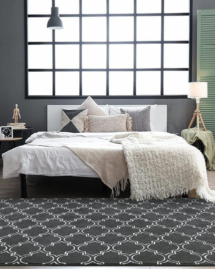 Chicrug Shag Geometric Modern Area Rug for Bedroom, 6x9 Feet Memory Foam Indoor Carpet, Fluffy Rug for Living room Bedside Room Decor for Family Girls Kids Nursery Play Mat, Dark Grey/White - LeafyLoom