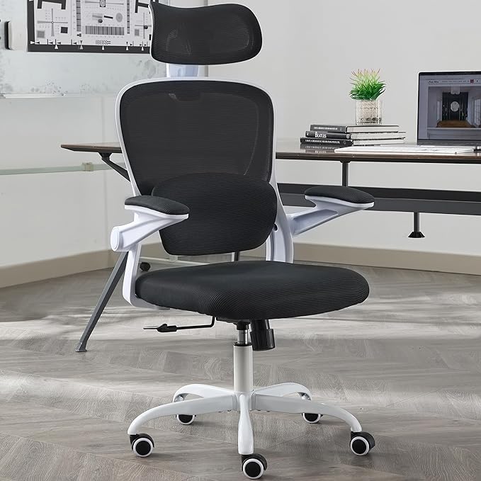 Ergonomic Office Chair with Tilt-Lock, Home Office Desk Chair with Auto Lumbar Support, High Back Mesh Desk Chair with Adjustable Headrest, Swivel Task Chair or Study Bedroom,Black and White - LeafyLoom