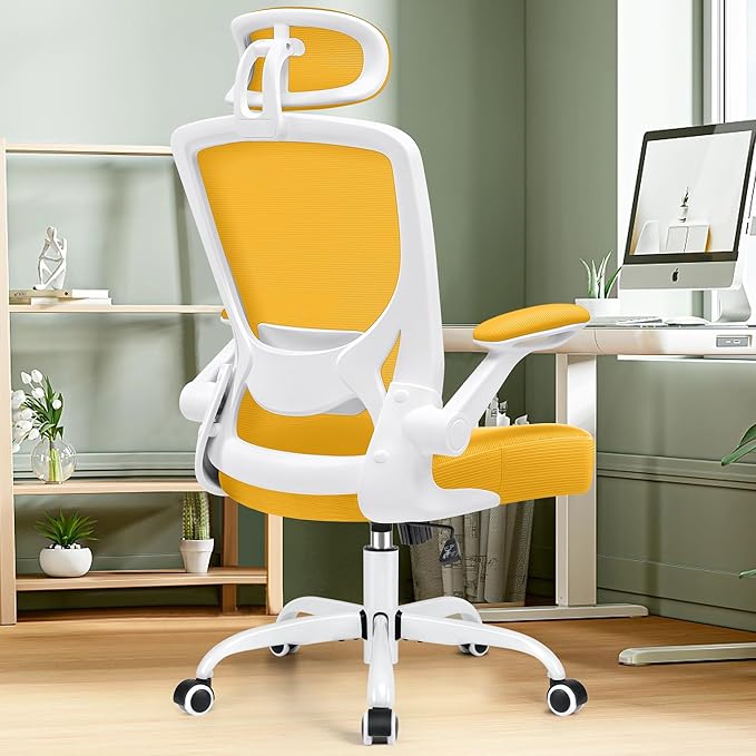 KERDOM Ergonomic Office Chair, Breathable Mesh Desk Chair, Lumbar Support Computer Chair with Headrest and Flip-up Arms, Swivel Task Chair, Adjustable Height Gaming Chair, Yellow - LeafyLoom