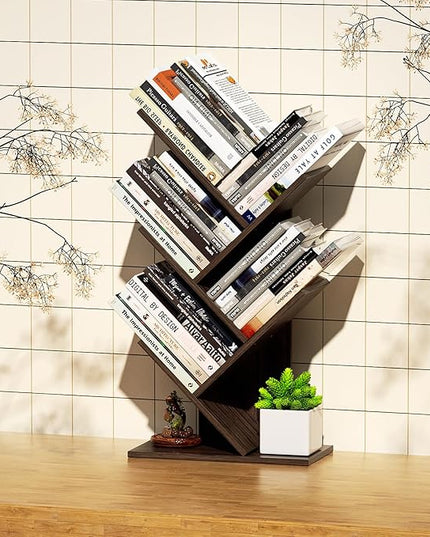5 Tier Small Tree Bookshelf Desk Book Organizer Narrow Bookcases for Books Magazines CDs Free Standing Retro Wooden Storage Shelves for Home Office Bedroom Living Room Dark Walnut - LeafyLoom