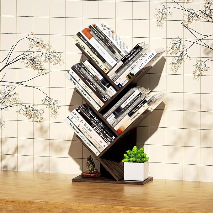 5 Tier Small Tree Bookshelf Desk Book Organizer Narrow Bookcases for Books Magazines CDs Free Standing Retro Wooden Storage Shelves for Home Office Bedroom Living Room Dark Walnut - LeafyLoom