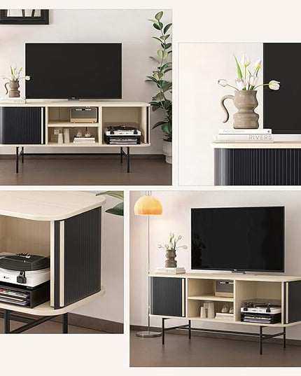 Roomfitters Mid Century Modern TV Stand with Tambour Door for TVs up to 65", Sideboard Buffet Tambour Cabinet with Sliding Door, Entertainment Center for Living Room, Media Console with Storage, Black - LeafyLoom
