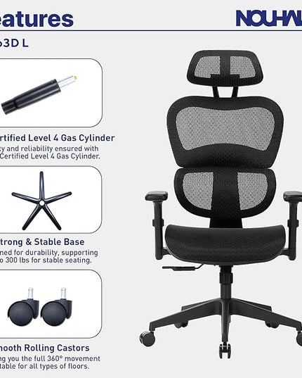 Nochaus Ergo3dL home office desk chairs ergonomic office chair High-Back Mesh Rolling Work Chairs with Wheels and Adjustable Headrests Comfortable Lumbar Support Adjustable Armrests - LeafyLoom