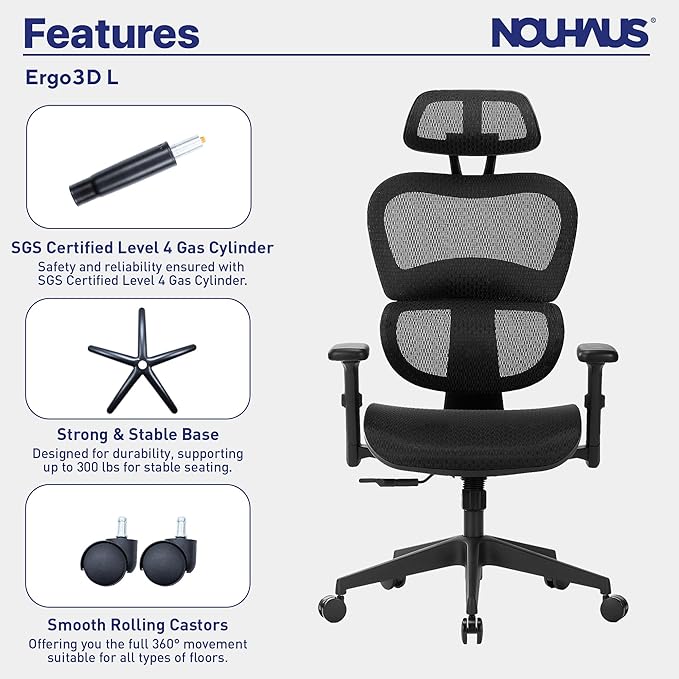 Nochaus Ergo3dL home office desk chairs ergonomic office chair High-Back Mesh Rolling Work Chairs with Wheels and Adjustable Headrests Comfortable Lumbar Support Adjustable Armrests - LeafyLoom